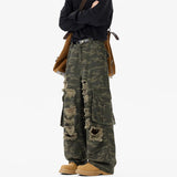 Ripped Camo Jeans Men 2025 New Loose Straight Leg Denim Pants Outdoor Hiking Trousers Casual Comfort Street Style Fashion