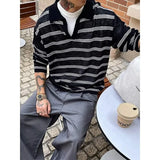 New Japanese Striped Male Polo Shirt Trendy Loose V Neck Knitted Long Sleeve T-shirt Casual Lazy Sports Fitness Basic Tops M-3XL