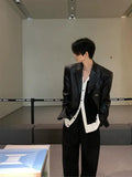 American Leather Jacket Retro Outfit Handsome High-end Men's Niche Shoulder Pad Suit Black PU Leather Jacket Chic Streetwear