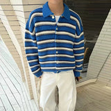 American Striped Cardigan Coat Light Luxury Knitted Lapel Long Sleeve Men Sweater Jackets Autumn Leisure Premium Knitwear M-3XL