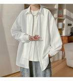 White Long Sleeved Shirt Men Fashion Black Casual Shirt Men Streetwear Korean Loose Pleated Shirt Mens Ice Silk Shirts M-3XL