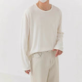 Korean Fashion Men T-shirt Luxury Knitted Solid Color Scoop Neck Long Sleeve Tees Casual Premium Quality Textured Knitwear M-3XL