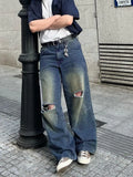 Vintage Blue Baggy Wide Leg Jeans Men Washable Casual Pants Y2k Worn Out Straight Loose Pants Hiphop Trendy Street Men'S Clothes
