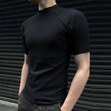 Sports Fitness Mens Slim Ribbed T Shirt Summer Casual Solid Color Knit T-shirts For Men Fashion Short Sleeve Mock Neck Tops