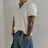 New Fashion Men Luxury Henry Collar T-Shirt Leisure Waffle Check Short Sleeve Tops American Style Lightweight Breathable Tees