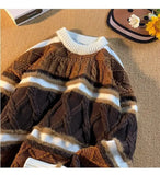 American autumn and winter street fashion personalized jacquard round neck pullover for couples loose retro color blocked knit