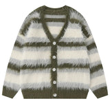 Striped Plush V-neck Sweater Men's Loose Casual Brushed Knit Trendy Couple Versatile Comfortable Harajuku High Street Cardigan