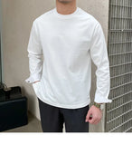 New Autumn Fashion Men T-shirt Light Luxury Solid Color Long Sleeve Tops Leisure Streetwear Casual O Neck Basic Shirts M-3XL