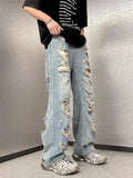 American hip-hop straight leg men and women trend summer personality destruction jeans couple loose retro Harajuku casual pants