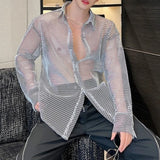 Transparent Mesh Shirt Hollow Out Jacket Personality Breathable Youth Fashion Long Sleeve Tops Men Lapel Party Clubwear
