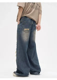 Y2K Man Jeans Korean retro hole repair jeans mens new American style high street loose straight wide leg mopping trousers