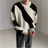 New Japanese Trendy Men Sweater High Street Patchwork Knitted O Neck Long Sleeve Pullover Casual Loose Premium Quality Knitwear