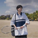 Men's Japanese Retro Polo Shirt Short Sleeved T-shirt Summer Thin Style College Style Casual Lapel Five Quarter Sleeved Top