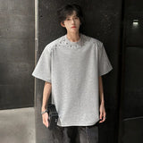Korean Style Men's T-shirts Short Sleeved O-neck Handmade Diamonds Decoration Tees Loose Shoulder Pads Male Tops