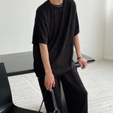 Mature Style Two-piece Set of Wavy Pleated Short-sleeved T-shirt Men's Loose Casual Straight-dial Long Trousers Tracksuit Summer