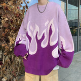Men's Knitted Gradient Fire Round Neck Sweater High Street Couple Knitwear Autumn Winter Loose Long Sleeves Jacket Pullover Tops