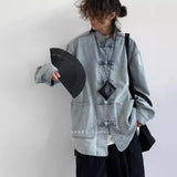 Chinese Style Denim Jacket Spring Autumn Denim Jacket Gradient Washed Japanese Casual Large Pocket New Chinese Tang Style Jacket