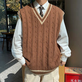 American Fashion Retro V-neck College Style Knitwear Vest Autumn Winter Fried Dough Twists Color Contrast Lovers Sleeveless Vest