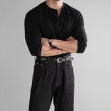 New American Fashion Men Henry Collar T-shirt Light Luxury Solid Color Long Sleeve Tops Leisure Light Business Basic Shirt M-3XL