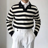 American Chic Striped Men Polo Sweater Luxury Trendy Business V Neck Knit Solid Color Pullover Leisure Slim Long Sleeve Knitwear