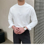 New Autumn Fashion Men T-shirt Light Luxury Solid Color Long Sleeve Tops Leisure Streetwear Casual O Neck Basic Shirts M-3XL