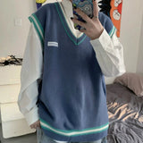 Sweater Vest Men V-neck Shrug Patchwork Knitted Couples Ins Plus Size 3XL Oversize Harajuku Vests Chic Korean Style Leisure
