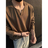 Cotton Long Sleeved T-shirt Men Fashion White V-neck T Shirt Men Streetwear Korean Loose Casual Pullover T Shirt Mens Top M-2XL