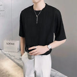 Solid Color New Casual O-neck Short Sleeved Summer Korean White Black Chiffon Trend Slim Supple Men's Clothing