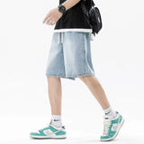 Men Casual Denim Shorts Male Comfortable Elastic Waist Straight Leg New Soft Short Pants Light Blue Loose Baggy Wide Leg Jeans