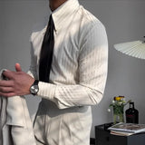New Italy Business Men Shirts Light Luxury Textured Peaked Lapel Striped Long Sleeve Cardigan Leisure High Quality Blouse M-2XL