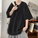 Summer Men's Texture T Shirt Leisure Half Sleeve V Neck Solid Color Loose Basic TShirt Popular Streetwear White/Black/Apricot