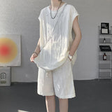 Summer Set Men Fashion Black Ripped Vest Shorts Two-piece Sets Men Streetwear Hip-hop Loose Hole Sets Man Hollow Out Set