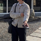 Korean Jacquarded Cardigan Coat Light Luxury Knitted Lapel Long Sleeve Men Sweater Jackets Autumn Leisure Premium Knitwear M-3XL