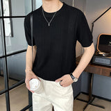 Summer Casual Mens Short Sleeve T-shirts Stretch Slim Fit Crew Neck Pullover Top For Men Fashion Ribbed Solid Color T Shirt