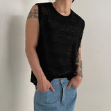 New Men Casual Hollow Out Tank Tops Leisure Splicing Solid Color Sleeveless Tees Fashion Streetwear Fitness Stretch Knitted Vest