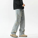 Star Embroidered Men's Jeans Baggy Straight Elastic Waist Denim Pants Fashion High Street Hip Hop Streetwear Y2K Male Trousers
