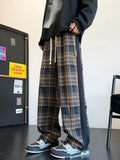 Men's Fashion Plaid Casual Pants Baggy Straight High Street Trousers Elastic Waist Drawstring Classic Male Clothing Trendy Brand