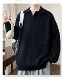 Korean Style Men's Polo Sweater Light Luxury Textured V-neck Knit Long Sleeve Pullover Autumn Casaul Trendy Male Clothing M-3XL