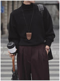 New Korean Fashion Men Sweater Light Luxury Trendy Turtleneck Knit Solid Color Pullover Leisure Retro Long Sleeve Basic Knitwear
