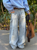 Trendy hip-hop American straight leg loose curved knife washed denim jeans for men and women personalized retro wide leg pants