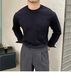 New Autumn Fashion Men T-shirt Light Luxury Solid Color Long Sleeve Tops Leisure Streetwear Casual O Neck Basic Shirts M-3XL