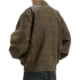 Men's Leather Jacket American style Retro Brown Make old Coat High Street fashion Casual Baggy Polo collar Jacket for men