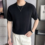 Summer Casual Mens Short Sleeve T-shirts Stretch Slim Fit Crew Neck Pullover Top For Men Fashion Ribbed Solid Color T Shirt