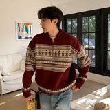 American style autumn and winter street fashion half zipper polo sweater for couples loose retro red Harajuku knit top y2k