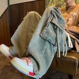 Multi-pockets Ribbons Jeans Men Wide Leg Denim Pants Straight Baggy Men's Cowboy Hip Hop Streetwear Neutral Mopping Trousers
