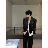 American Leather Jacket Retro Outfit Handsome High-end Men's Niche Shoulder Pad Suit Black PU Leather Jacket Chic Streetwear