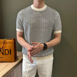 New Trend Men Striped T-shirt Light Luxury Popular Slim-fit O Neck Tees Leisure Premium Tops Korean Style Short Sleeve Knitwear