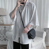 Shirts Shorts Sets Men Striped Design Simple Fashion Ulzzang Oversize Summer New Popular Loose Breathable Student Notched Casual