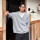 Men's Color-blocking Knitted Sweater Light Luxury Deep V Neck Long Sleeve Pullover Autumn Japanese Trending Male Clothing M-3XL