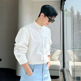 Male Shirts Pearls Design Stand Collar Loose Long Sleeve Single Breasted Men's Tops Korean Style Menswear